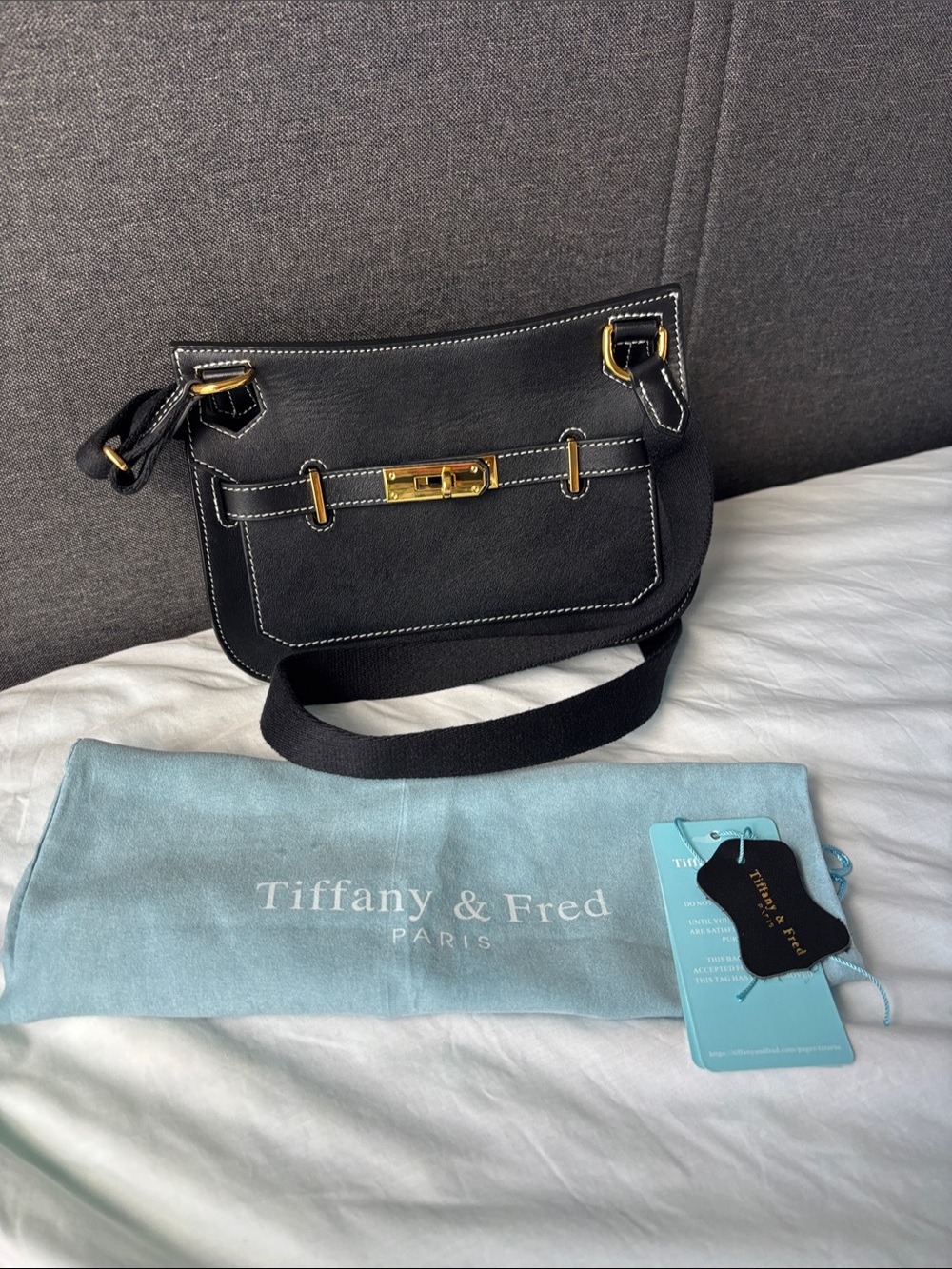 Tiffany & Fred Black Leather Kelly Style Crossbody Bag with Gold Hardware